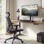 Modern ergonomic home office with an adjustable-height desk, a high-quality ergonomic chair with lumbar and neck support, a large eye-level monitor, and a wireless keyboard and mouse for optimal comfort. Soft LED lighting, a footrest for posture support, potted plants, and natural light from large windows create a productive and stylish workspace.