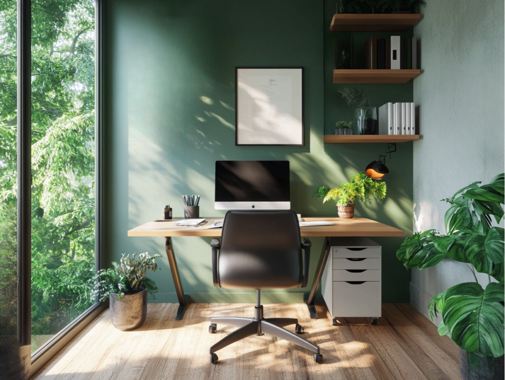 A home office with ergonomic furniture, including a comfortable chair with neck and lumbar support, surrounded by indoor plants. Natural light filters through the window, creating a fresh and calming atmosphere.
