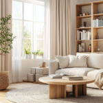 modern living room with minimalist decor, sleek coffee table, and warm wood accents