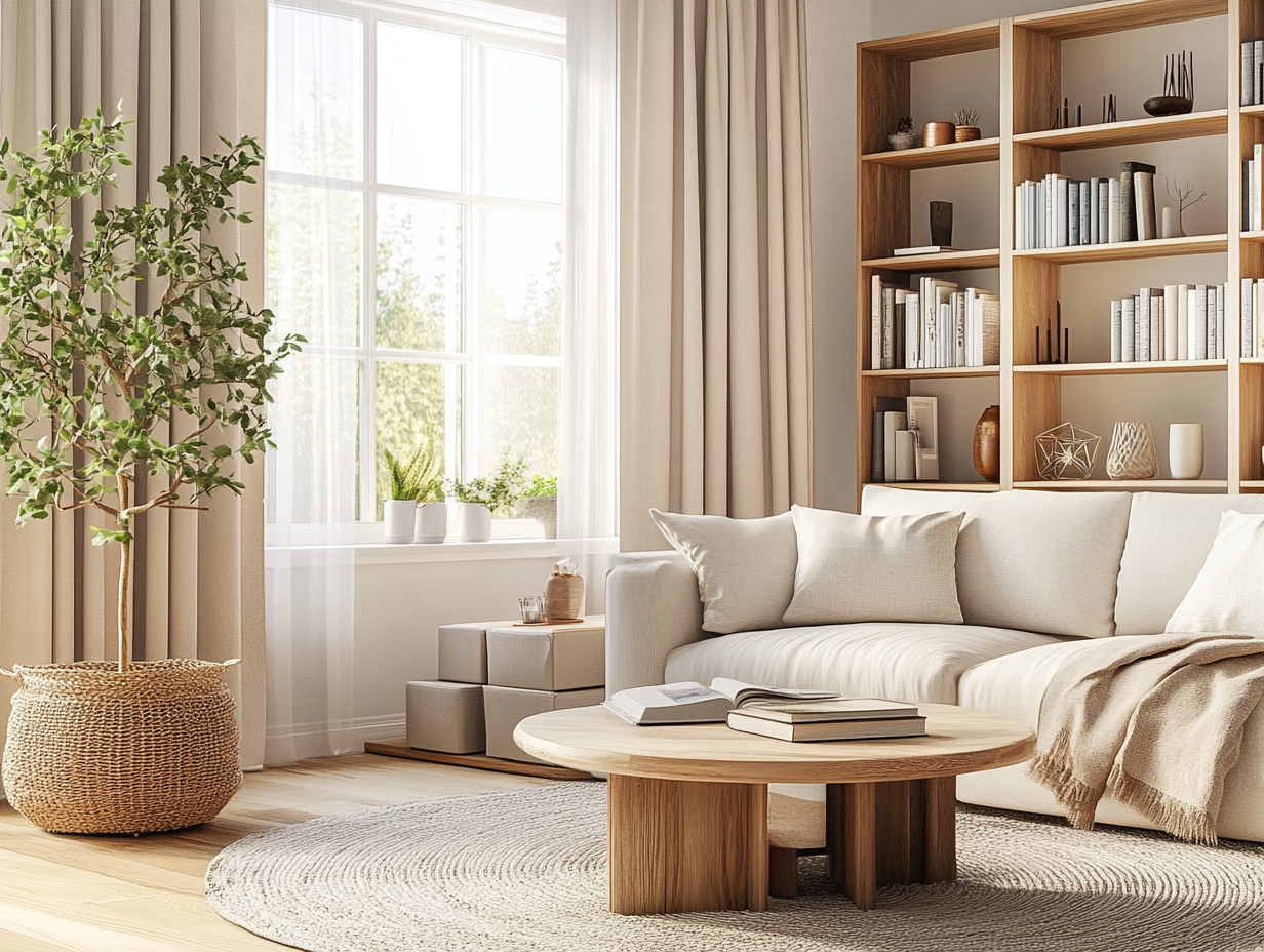 modern living room with minimalist decor, sleek coffee table, and warm wood accents