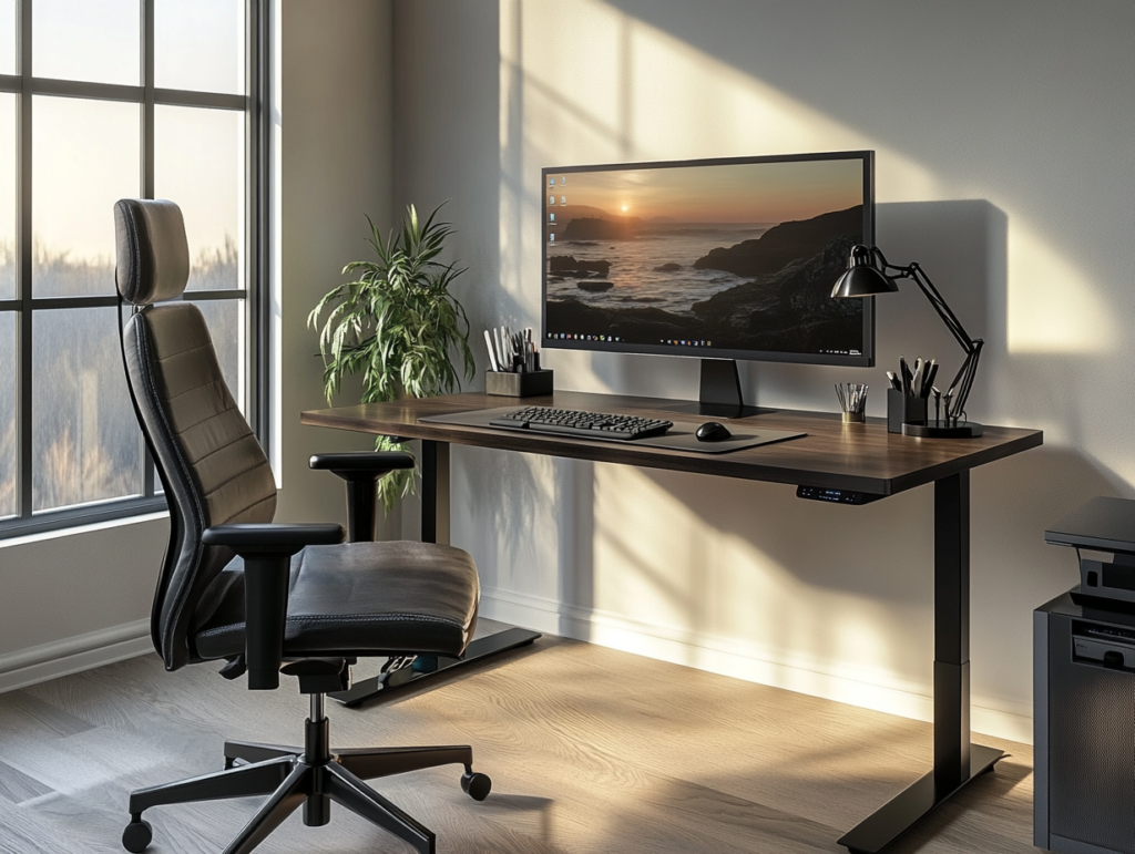 Discover a sleek and luxurious home office with a flawless design A high-end modern home office with a height-adjustable desk in dark walnut wood or black metal with a glass surface. Ergonomic leather or premium fabric chair, ultra-thin 4K monitor, minimalist mechanical keyboard, and wireless mouse. A clutter-free workspace with built-in cable management and subtle LED lighting under a floating shelf.
