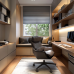 A tiny apartment interior featuring a modern, ergonomic home office setup with space-saving furniture, a compact desk with built-in storage, an ergonomic chair, floating shelves, hidden compartments, and cozy neutral decor with natural light.