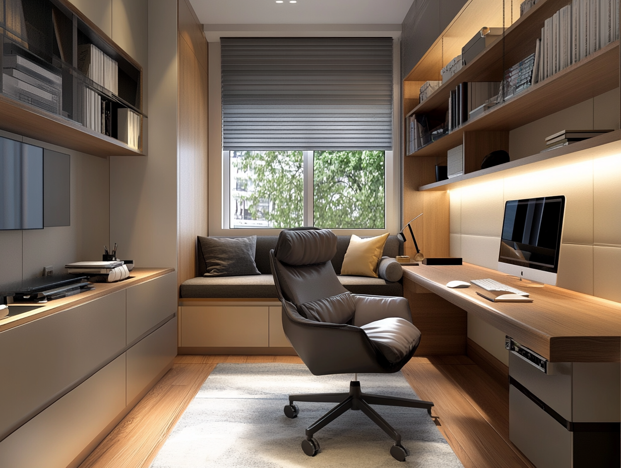 A tiny apartment interior featuring a modern, ergonomic home office setup with space-saving furniture, a compact desk with built-in storage, an ergonomic chair, floating shelves, hidden compartments, and cozy neutral decor with natural light.
