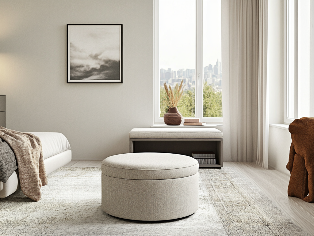 Discover stylish and multifunctional storage furniture for compact spaces A stylish living room or entryway featuring a multifunctional storage ottoman that doubles as extra seating, alongside a sleek storage bench placed in a hallway or near a bed. The design is practical and space-saving
