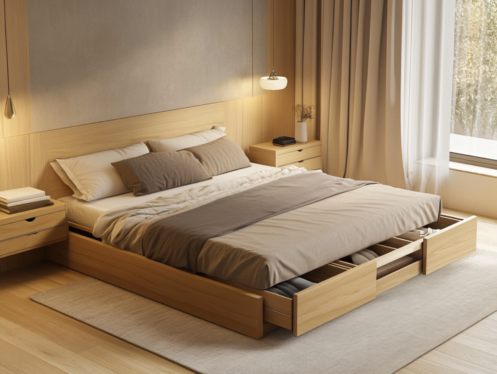 A luxurious minimalist bedroom featuring a custom oak platform storage bed with built-in handleless drawers, soft linen bedding, warm natural light, sheer curtains, and elegant sculptural bedside lighting.
