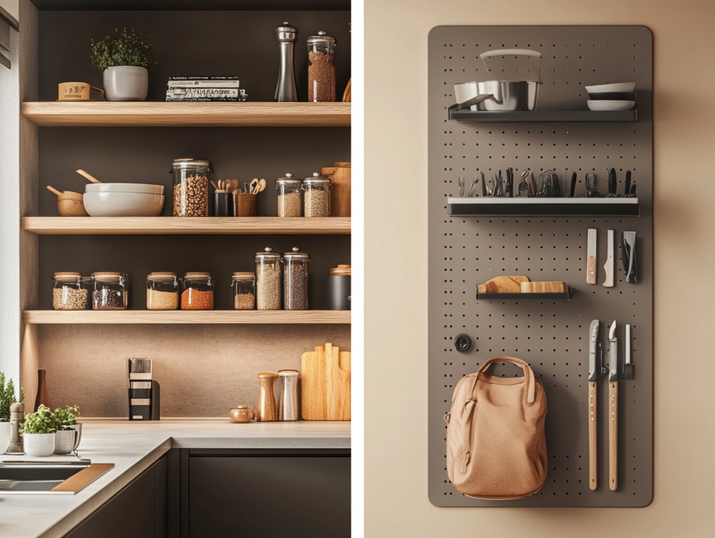 Discover smart vertical storage solutions for a modern and organized home A modern home interior with smart vertical storage solutions: floating shelves in a cozy living room, a pegboard for kitchen organization, and an entryway storage system for keys, bags, and coats. The space is sleek, functional, and clutter-free.