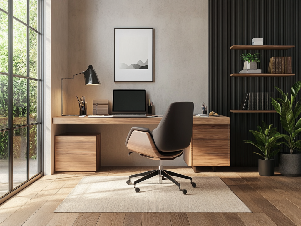 Comfortable and productive modern home office setup A modern home office featuring an ergonomic chair with neck and lumbar support, a sleek desk with a clean and organized workspace, and soft, natural lighting