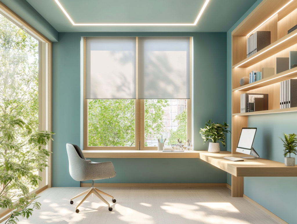 Explore a bright and peaceful modern home office with ergonomic furniture and calming colors A modern home office with natural light streaming through large windows. The room includes a light-colored wood desk, ergonomic chair with neck and lumbar support, and soothing blue and green walls. Adjustable LED strips provide balanced lighting, and plants and minimalist decor add calm to the space.