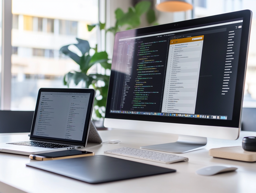A modern and efficient digital workspace featuring organized files, cloud storage, and a clutter-free setup minimalist workspace featuring a sleek laptop, a secondary monitor displaying an organized digital file system with neatly arranged folders, a clean desk with a wireless keyboard and mouse, a smartphone with an email inbox showing color-coded labels, and a background screen displaying a cloud storage interface, symbolizing a clutter-free, efficient digital organization setup with soft, natural lighting.