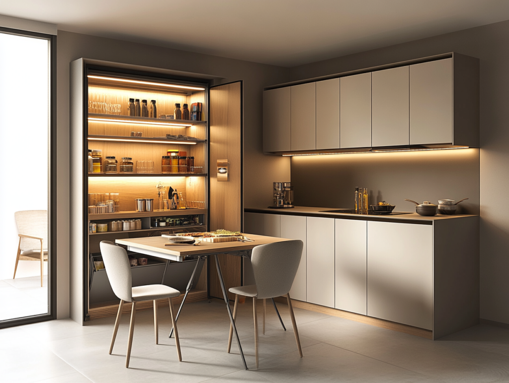 Explore a modern, space-saving kitchen and dining area with smart storage solutions A modern, space-saving kitchen and dining area with smart storage solutions: a foldable dining table and chairs, a pull-out pantry for organized food storage, and modular kitchen storage, including stackable containers and a wall-mounted spice rack. The design is sleek, minimalist, and functional.