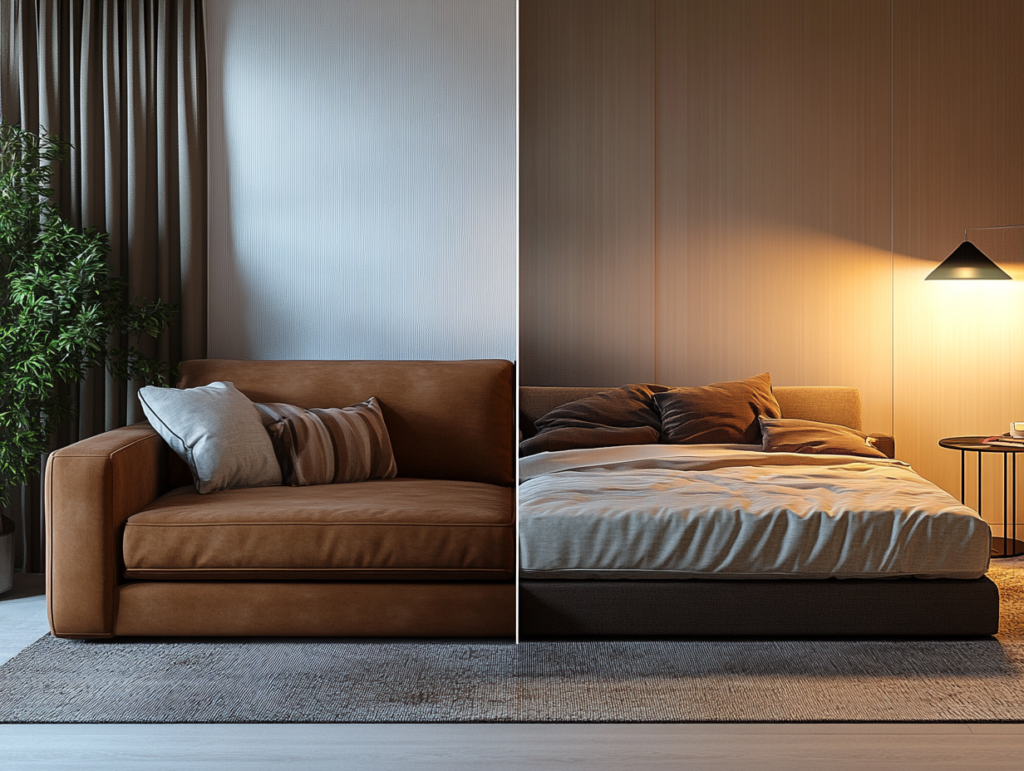 u6256399349_A_realistic_modern_living_room_showcasing_a_styli_d6dc7755-5469-417b-8966-3657431946aa_1 A modern living room showcasing a stylish, multifunctional sofa bed in two states. On the left, it’s a sleek couch with plush cushions, while on the right, it’s transformed into a cozy bed with soft bedding and pillows. The design emphasises comfort and space-saving functionality