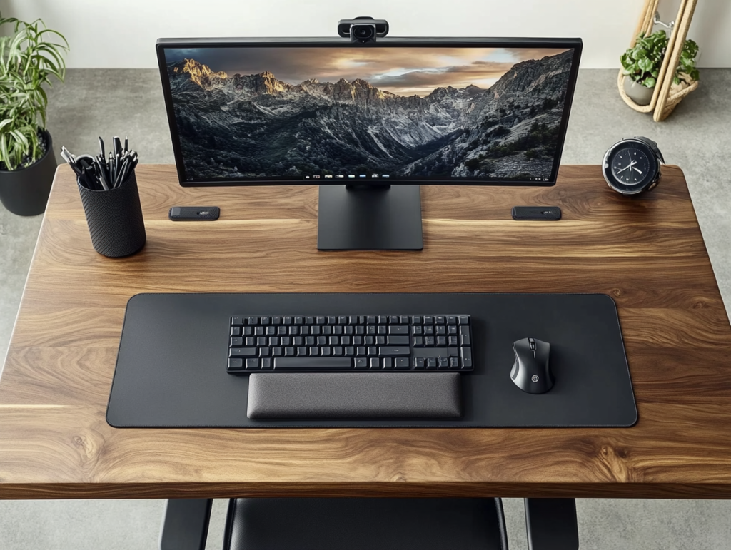 Explore high-end ergonomic office accessories in a sleek, modern workspace A modern home office setup divided into three sections, showcasing premium ergonomic accessories: a sculpted wireless keyboard and ergonomic mouse, a memory foam footrest under a sleek wooden desk, and a height-adjustable walnut and black metal monitor stand with built-in wireless charging. The scene is stylish, clutter-free, and illuminated by soft natural light
