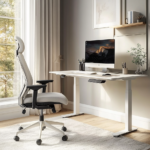 A compact home office with a height-adjustable desk, ergonomic chair, and a clutter-free, minimalist design in soft neutral tones. Natural light enhances the airy atmosphere for productivity