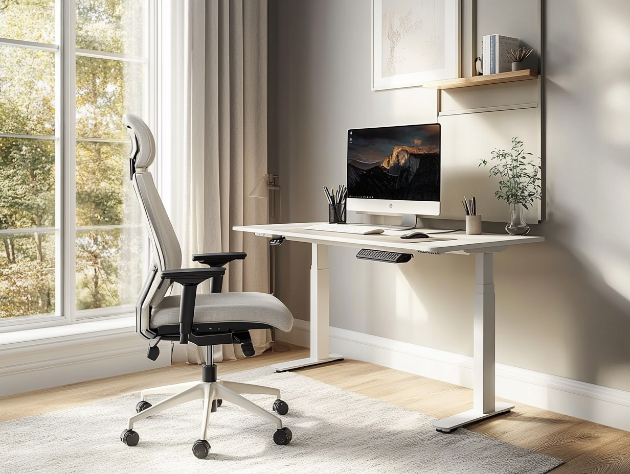 A compact home office with a height-adjustable desk, ergonomic chair, and a clutter-free, minimalist design in soft neutral tones. Natural light enhances the airy atmosphere for productivity