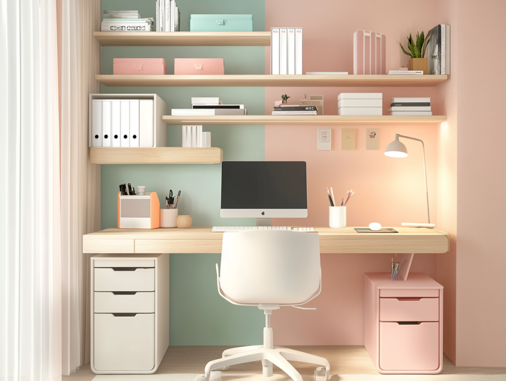 Small-space home office with ergonomic furniture, pastel walls, and color-coded storage for efficient, organized work. Compact and efficient home office in a small space featuring color-coded storage, a white ergonomic desk chair with lumbar support, floating light wood shelves, soft pastel wall, subtle color accents, and organized desktop layout with soft lighting.