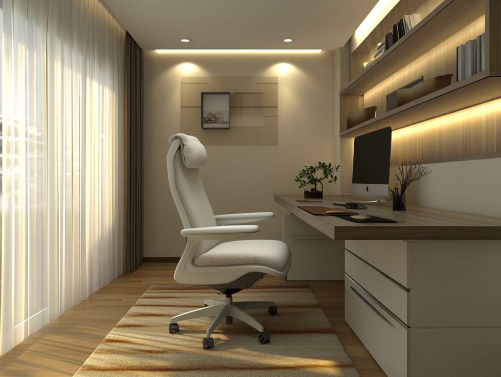 Contemporary home office with a white ergonomic chair, matte wood desk, and minimalist storage in a clean, well-balanced layout. Contemporary home office featuring a neutral color palette with a white ergonomic mesh chair with headrest, matte wood desk, warm-toned accent rug, wall-mounted storage, and minimalist decor with small pops of color in a clean, well-lit layout.