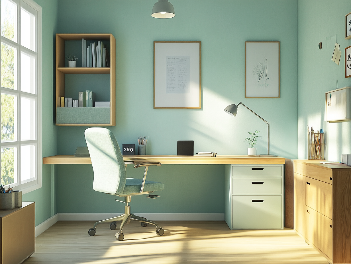 Multi-zone home office with split color areas: a soft blue workspace with white desk, green-accented reading corner, yellow decor accents, and a gray ergonomic chair with headrest and lumbar support, all bathed in natural light from well-placed windows.