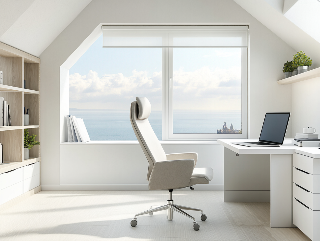 Modern home office with large windows letting in abundant natural light, ergonomic chair with neck and lumbar support, minimalist white desk... Modern home office with large windows letting in abundant natural light, ergonomic chair with neck and lumbar support, minimalist white height-adjustable desk, and a clean, neutral-toned layout with light wood flooring and integrated storage.