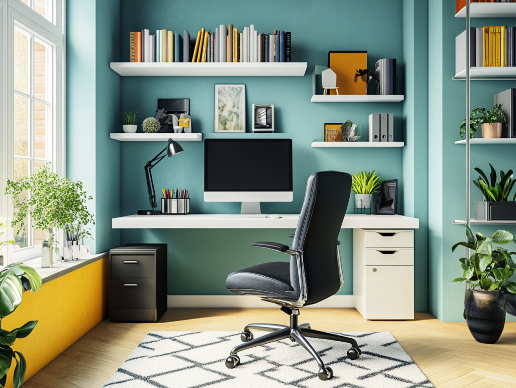 Multi-zone home office with color-specific work and relaxation areas, ergonomic black chair, and a bright, organized layout. Multi-zone home office featuring a soft blue workspace with a white desk, green-accented reading corner, yellow decor highlights, and a black ergonomic chair with visible headrest and lumbar support, illuminated by daylight from well-placed windows in a clean, modern layout.