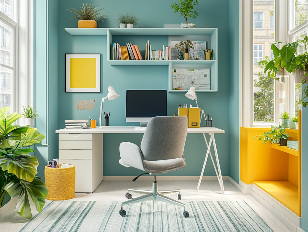 Serene, modern home office with blue and green walls, ergonomic seating, and natural daylight for a focused and balanced workspace. Modern home office with pale blue and green accent walls, ergonomic chair with visible neck and lumbar support, light wood desk, soft overhead lighting, and natural daylight from a large side window in a calm, minimalist layout.