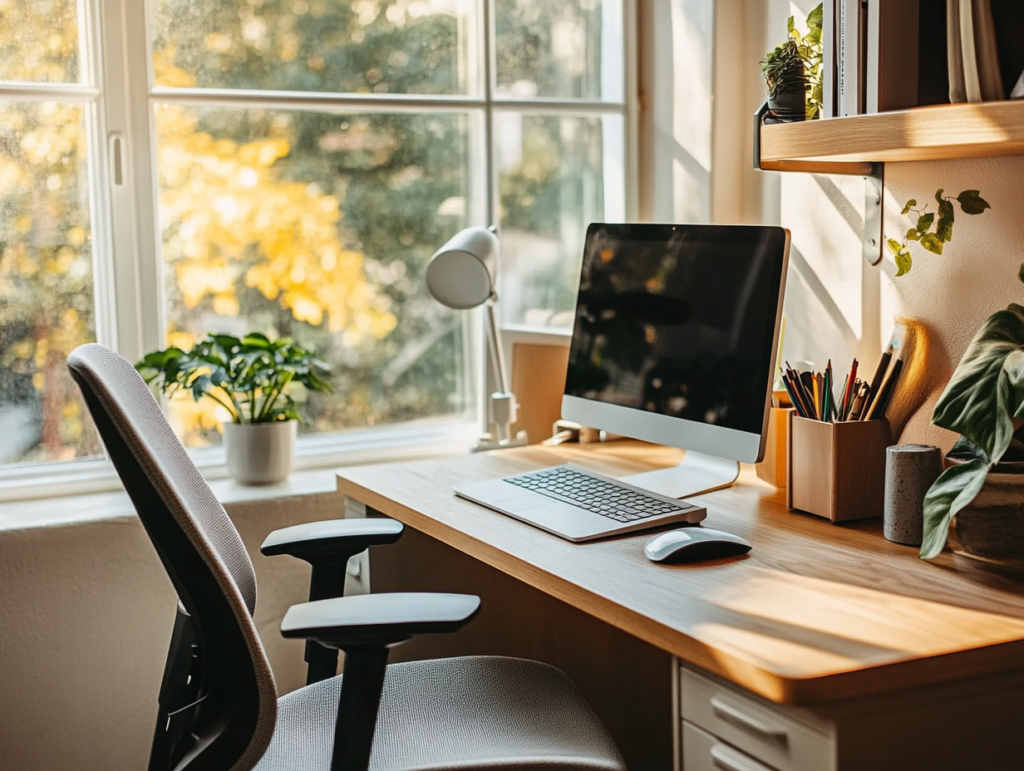 Small modern home office with a slim desk placed perpendicular to a bright window..." title="Realistic minimalist home office with side lighting, neck-support ergonomic chair, and sleek, storage-friendly layout." class="vivid-image office-light minimalist-layout shadow-soft" Small-modern-home-office-with-a-slim-desk-placed-perpendicular-to-a-bright-window,-side-lighting-without-glare,-ergonomic-chair-with-neck-support,-and-a-clean-Scandinavian-style-layout.