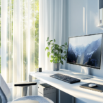 Stylish compact home office corner with a desk positioned perpendicular to a large window, diffused sunlight through sheer white curtains, ergonomic mesh-back chair with headrest and lumbar support, and a clean, organized desktop.