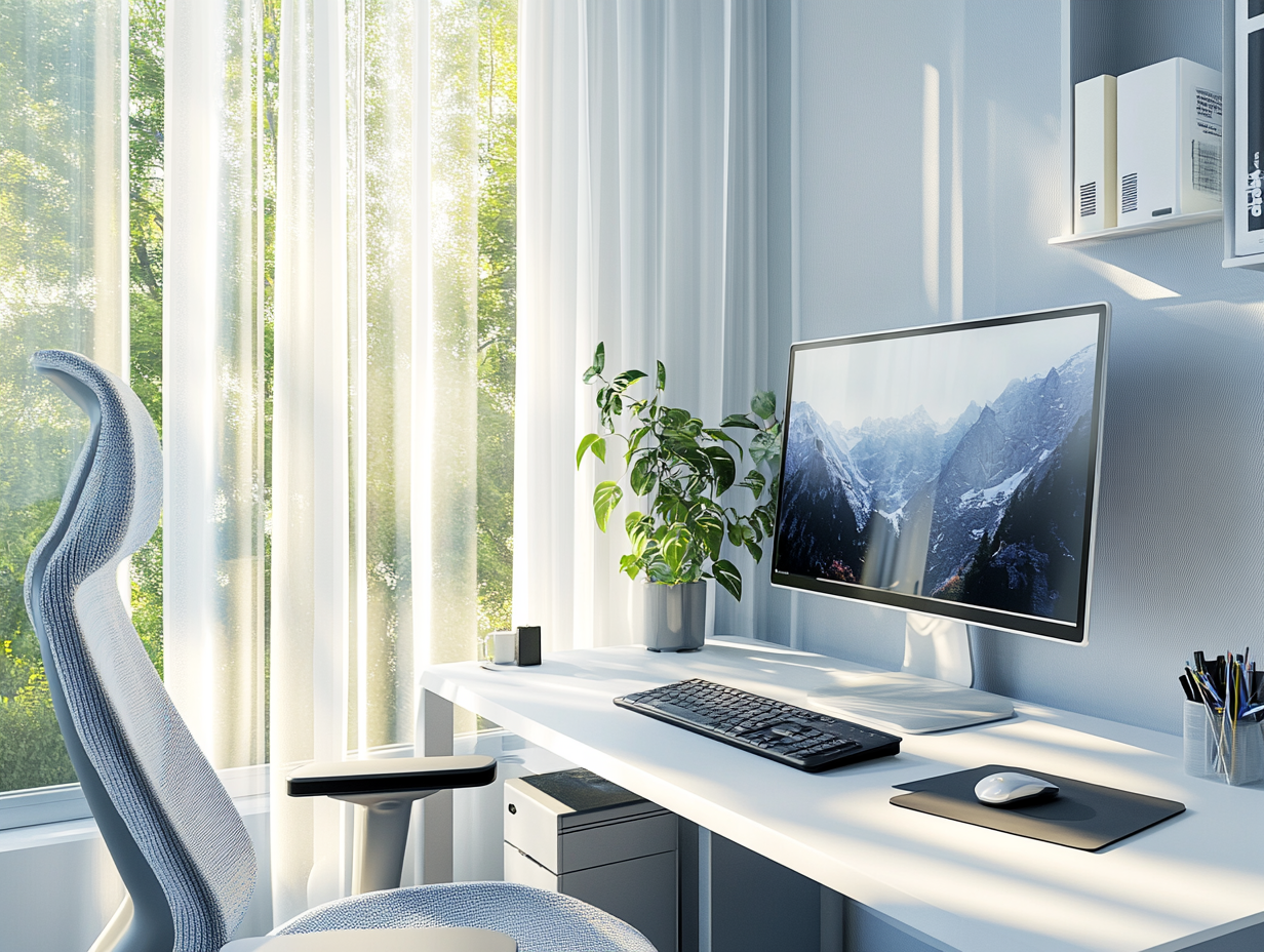 Stylish compact home office corner with a desk positioned perpendicular to a large window, diffused sunlight through sheer white curtains, ergonomic mesh-back chair with headrest and lumbar support, and a clean, organized desktop.