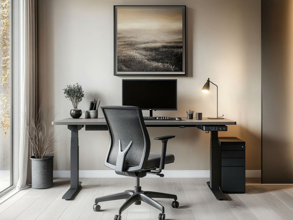 Stylish home office with soft beige walls, a graphite standing desk, and ergonomic furniture that blends warm and cool tones for a refined look. Stylish home office combining warm and cool tones, with soft beige walls, graphite gray standing desk, ergonomic chair with neck and lumbar support, cool-toned accessories, soft LED and natural lighting, and a clean, textured decor layout.