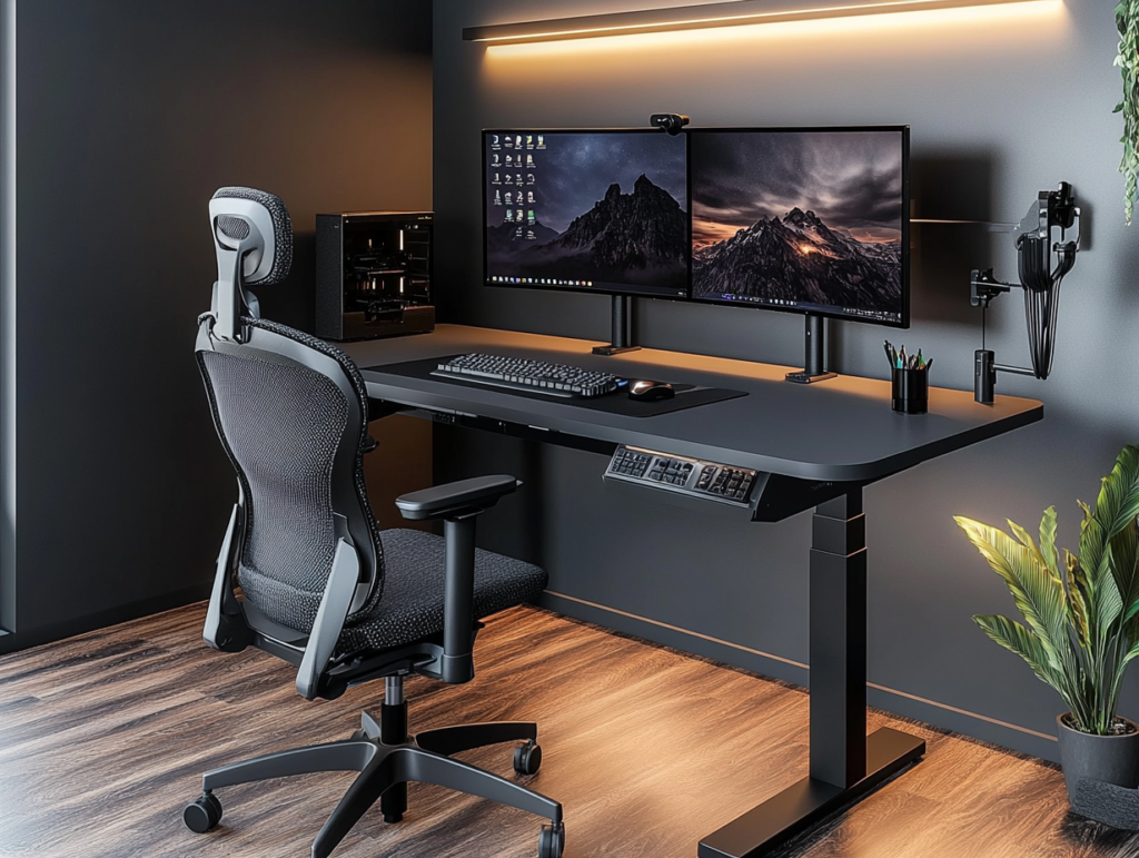 Ultra-modern workspace featuring a matte slate standing desk, dual monitor setup, mesh-back ergonomic chair with neck and lumbar support... Ultra-modern-workspace-featuring-a-matte-slate-standing-desk,-dual-monitor-setup,-mesh-back-ergonomic-chair-with-neck-and-lumbar-support,-monochrome-palette-with-black,-gray,-and-metallic-tones,-and-precise-cable-management-illuminated-by-soft-overhead-LED-lighting.