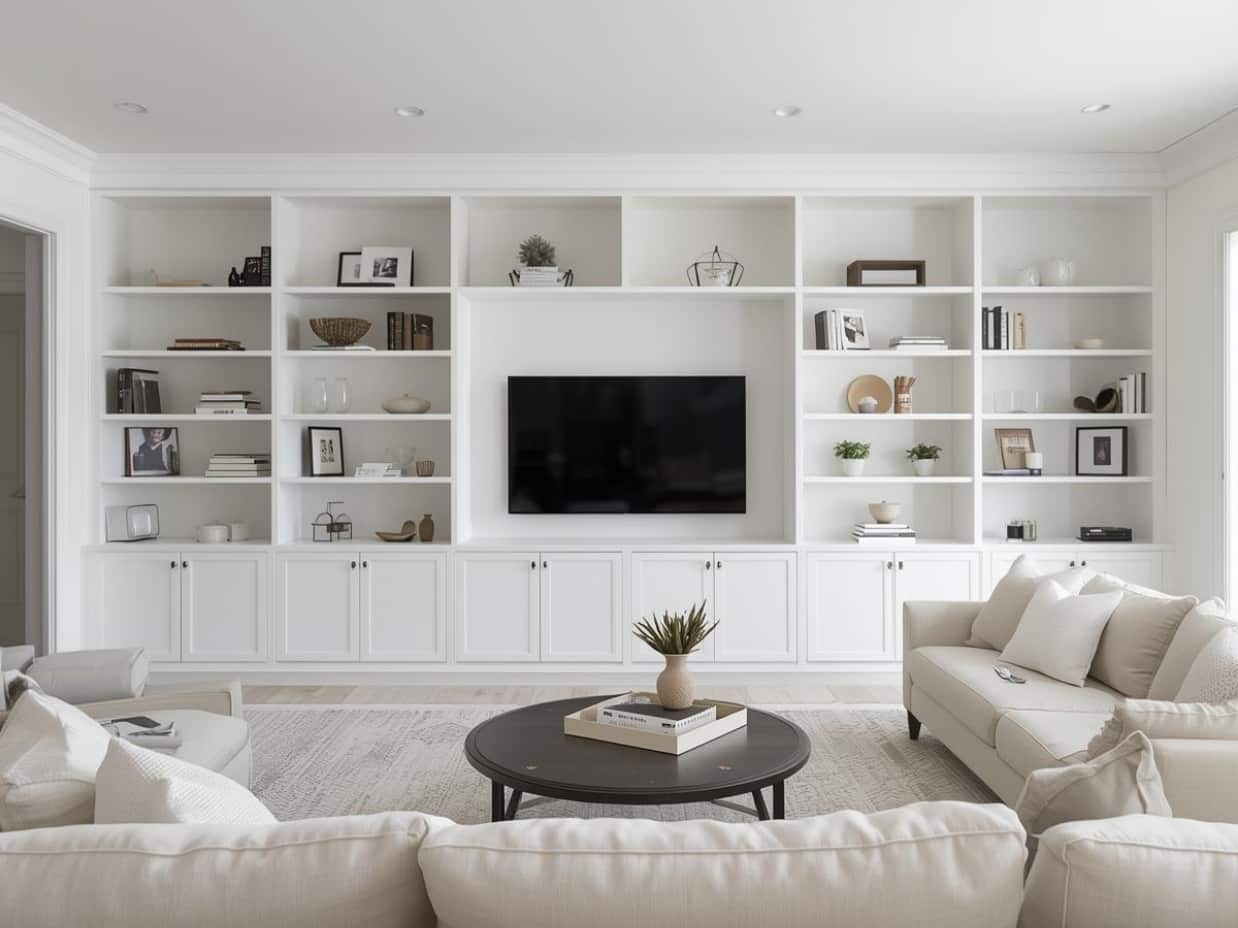 Front view of a minimalist living room with built-in shelves and organized décor