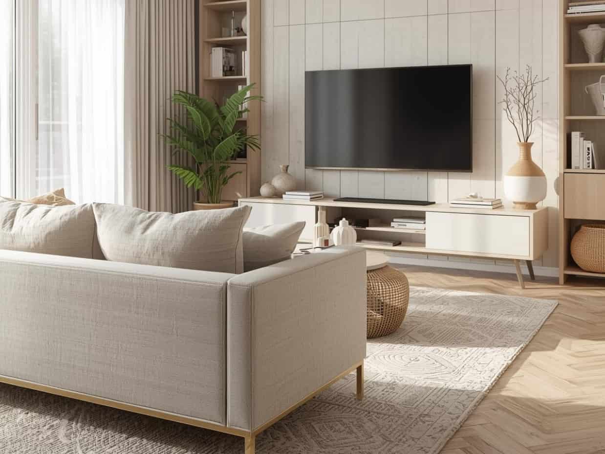 Corner View of a Calm, Organized Living Room A cozy corner perspective of a clutter-free living room featuring soft textures, built-in shelving, and a harmonious layout.