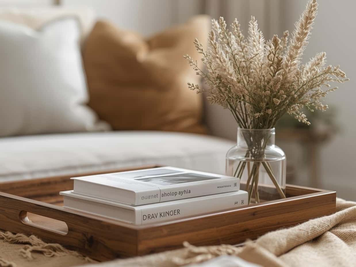Living Room – Right Side Angle With Minimal Décor A detailed look at a neatly styled coffee table featuring minimal décor, calm tones, and clutter-free organization.