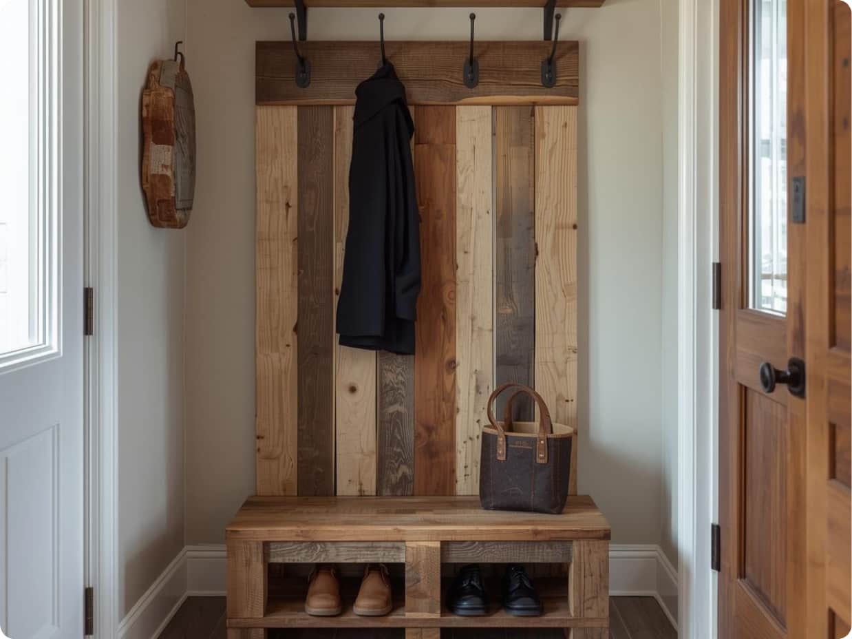 entryway storage ideas featuring DIY solutions like pallet racks and upcycled shelves for small spaces