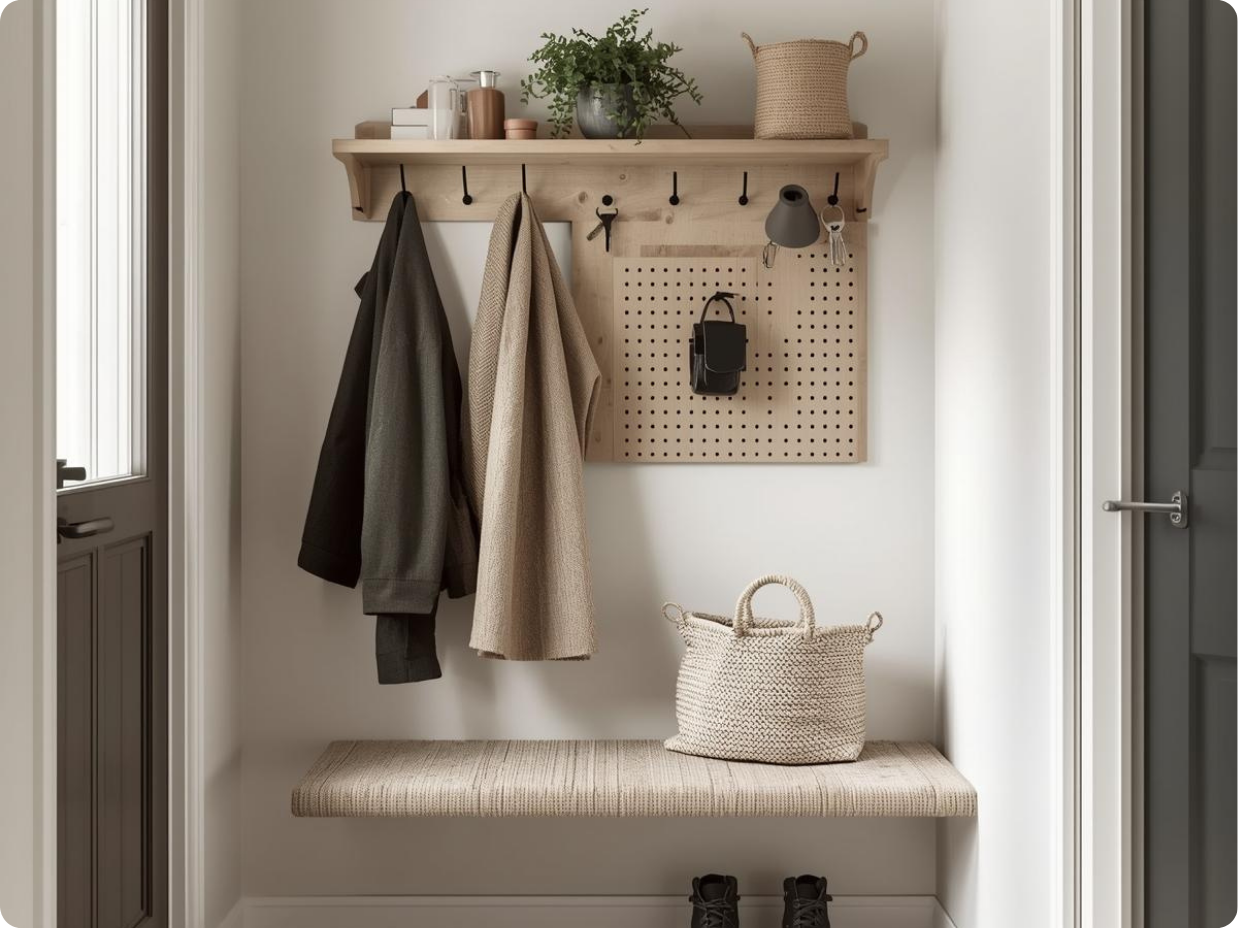 entryway storage ideas with floating shelves, peg rail, and pegboard in a small space