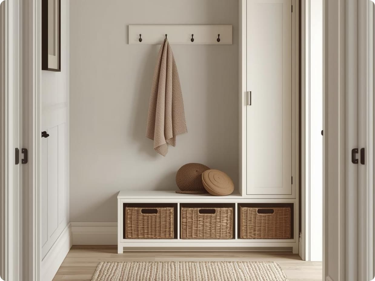 entryway storage ideas in a small modern home with baskets, hooks, and a storage bench
