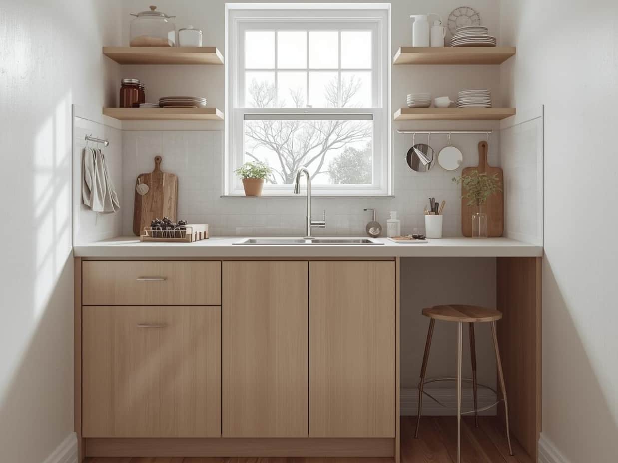 Organized small apartment kitchen with space-saving storage