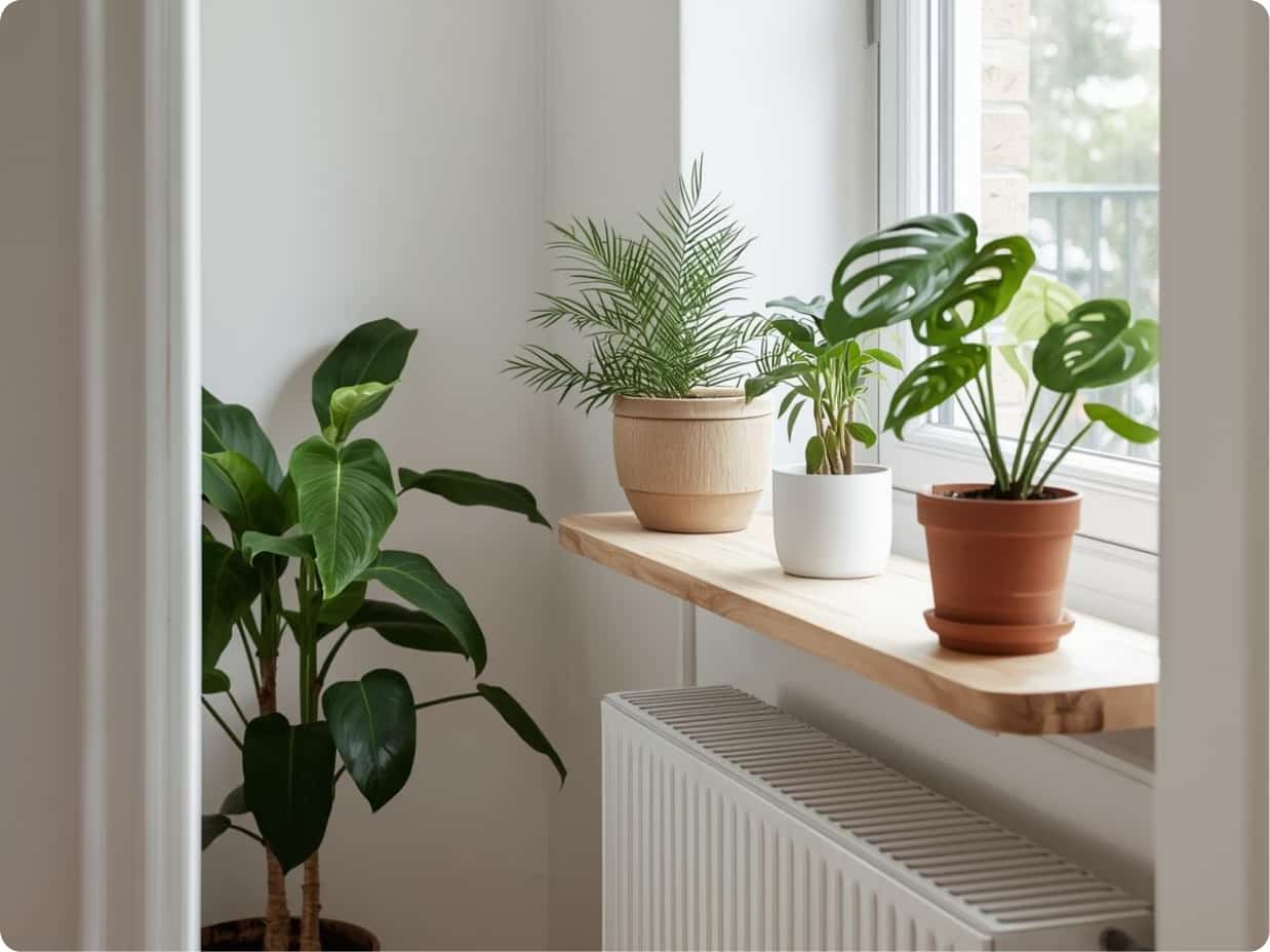 indoor plants for small spaces displayed on a shelf and windowsill in a minimalist apartment
