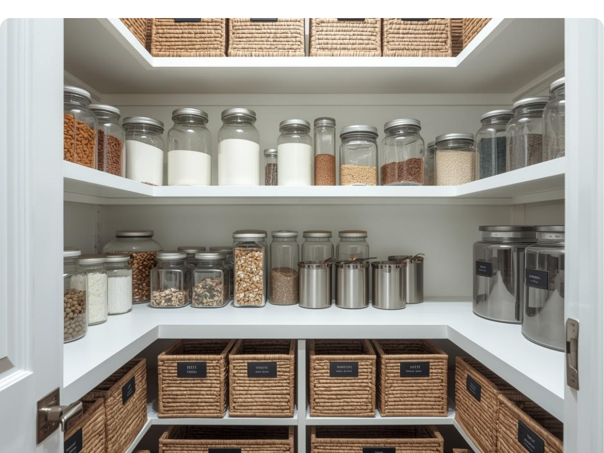 Modern Pantry With Labeled Containers & Storage Baskets expert decluttering tips shown in a pantry with labeled jars, baskets, and organized shelving