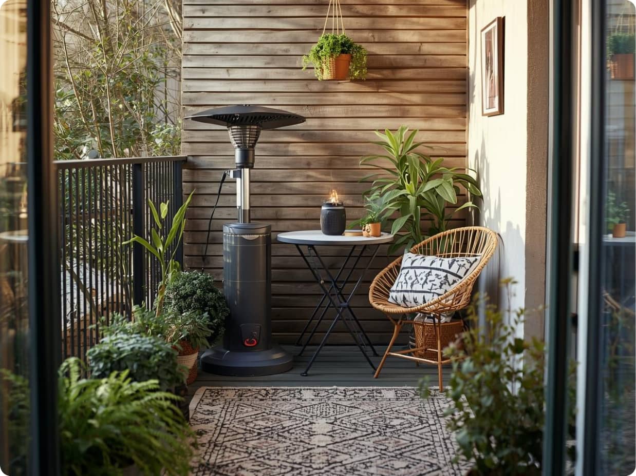 all-season small balcony ideas with weatherproof furniture and compact heater