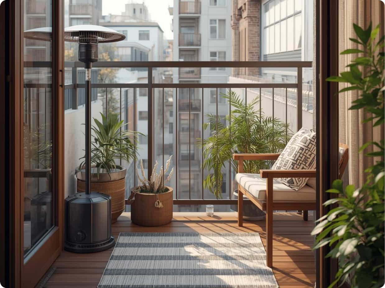 all-season small balcony ideas with weatherproof furniture and compact heater