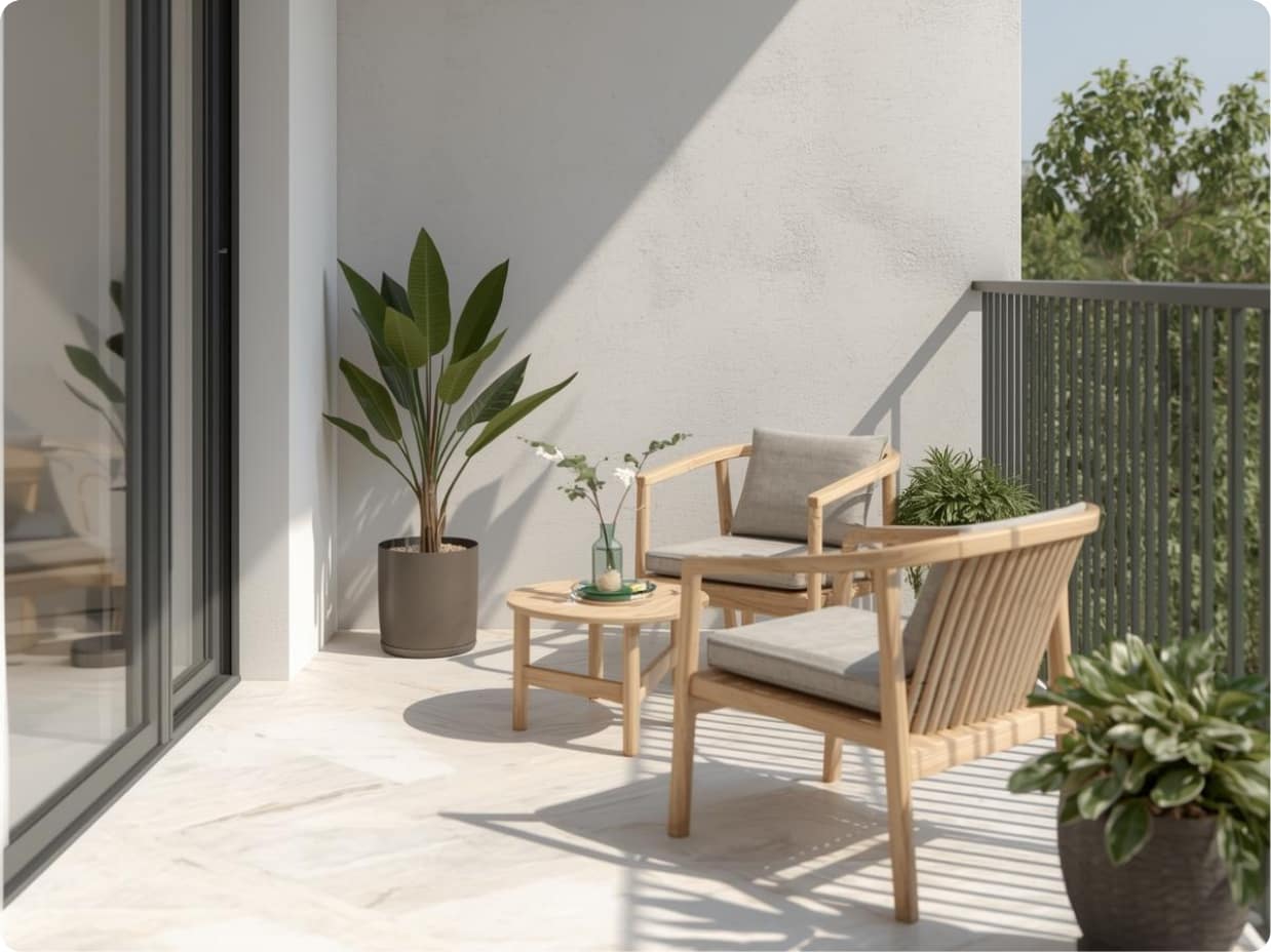 small balcony ideas with cozy seating and simple plants on a compact outdoor space