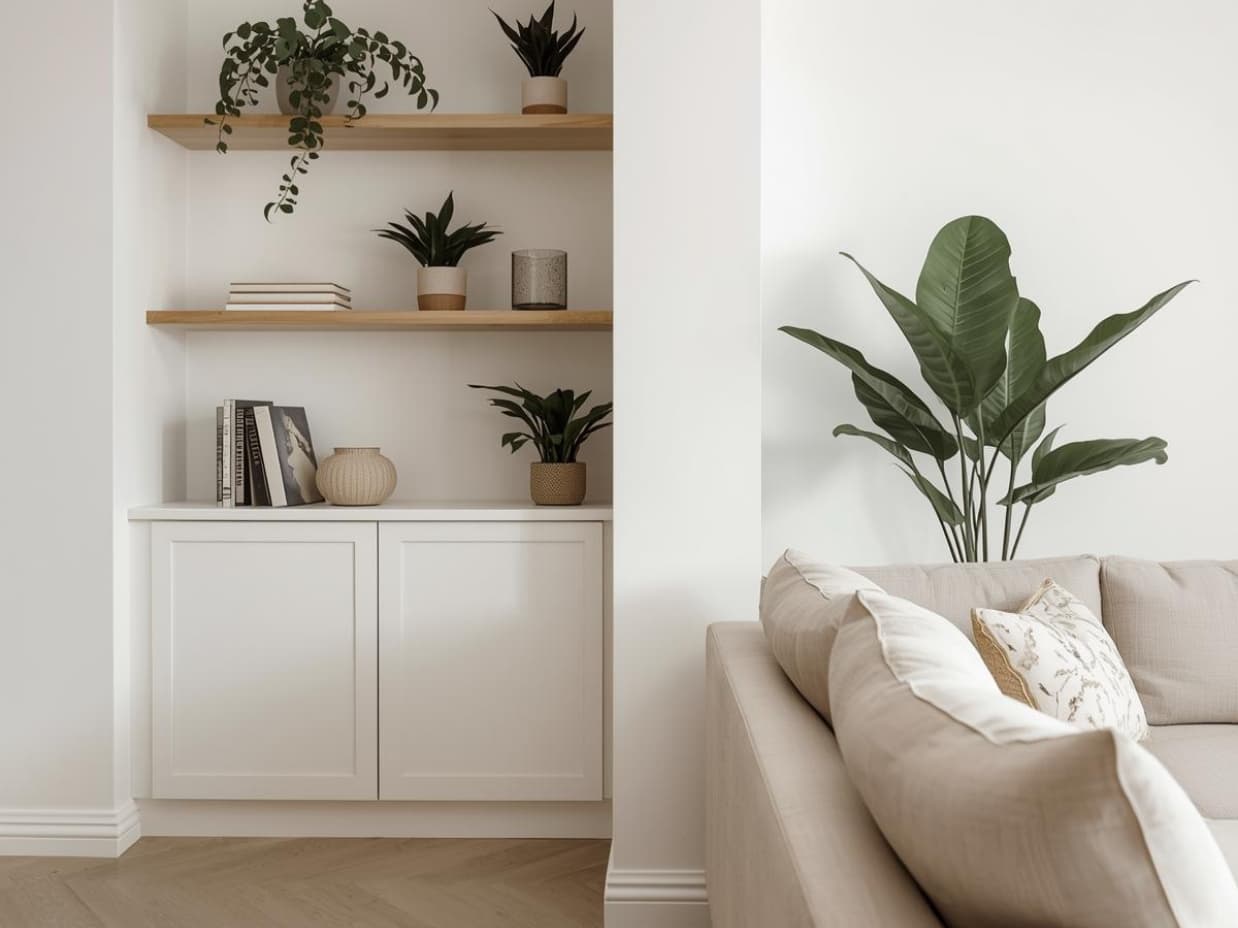 Living Room – Left Side Angle With Organized Shelving A left-angle view of a minimalist living room highlighting organized shelves, a tidy seating area, and harmonious décor.