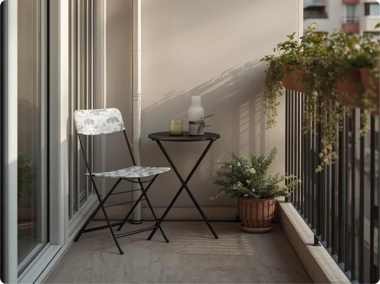 foldable chairs and compact furniture showing small balcony ideas