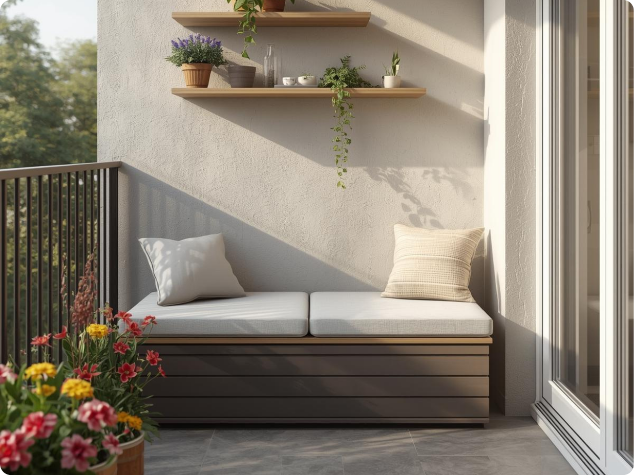 small balcony ideas using wall shelves and a storage bench