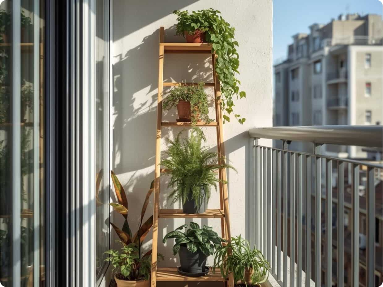 vertical plant shelving and railing planters for small balcony ideas