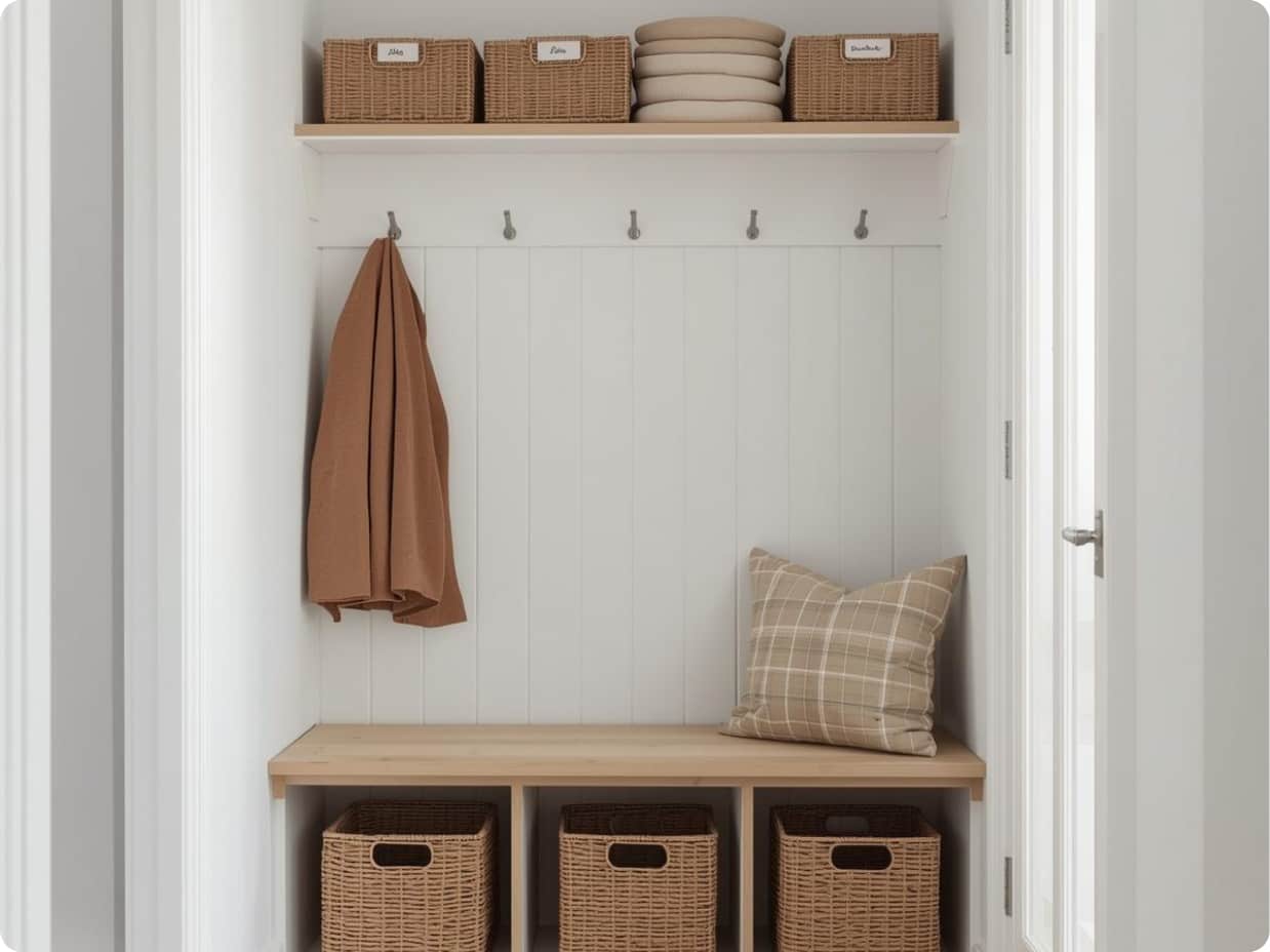 entryway storage ideas using woven baskets and labeled bins in small spaces