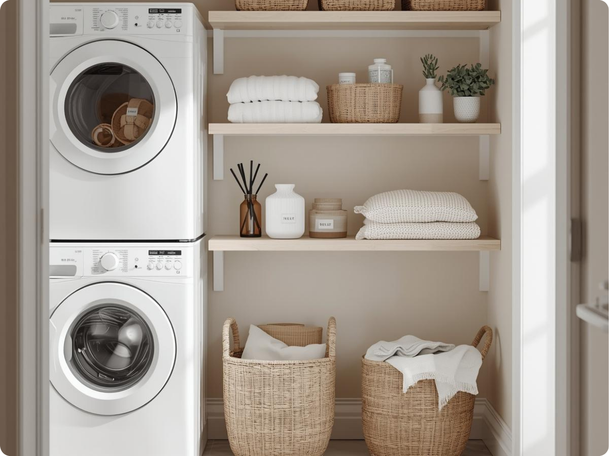Minimal Laundry Room With Category-Based Storage expert decluttering tips shown through category-based laundry room storage with shelves and baskets