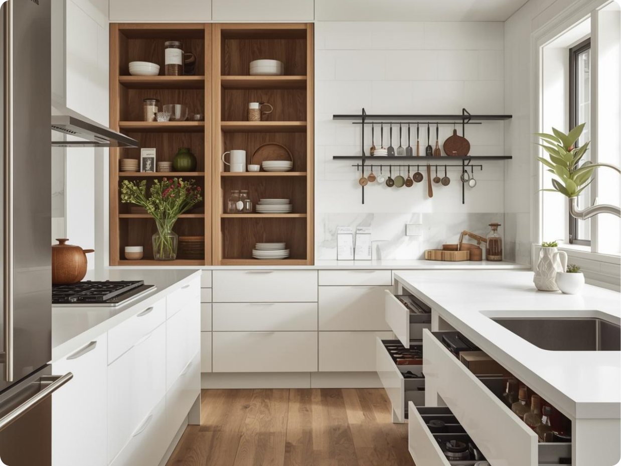 Modern Organized Kitchen With Smart Storage Zones expert decluttering tips shown in a modern organized kitchen with smart storage zones and clean counters