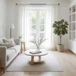 expert decluttering tips illustrated in a bright beige living room with minimal decor and organized open shelving