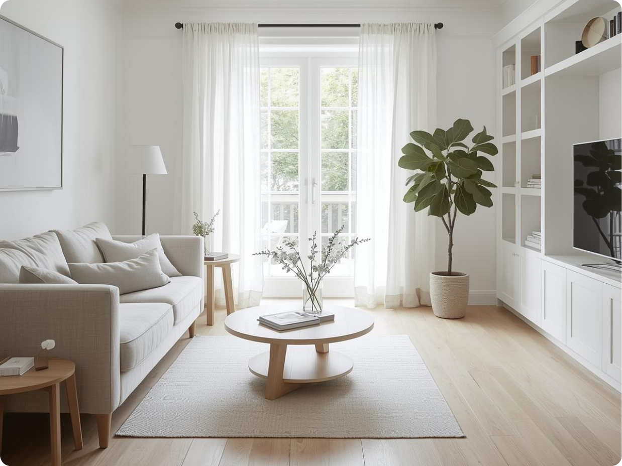 expert decluttering tips illustrated in a bright beige living room with minimal decor and organized open shelving